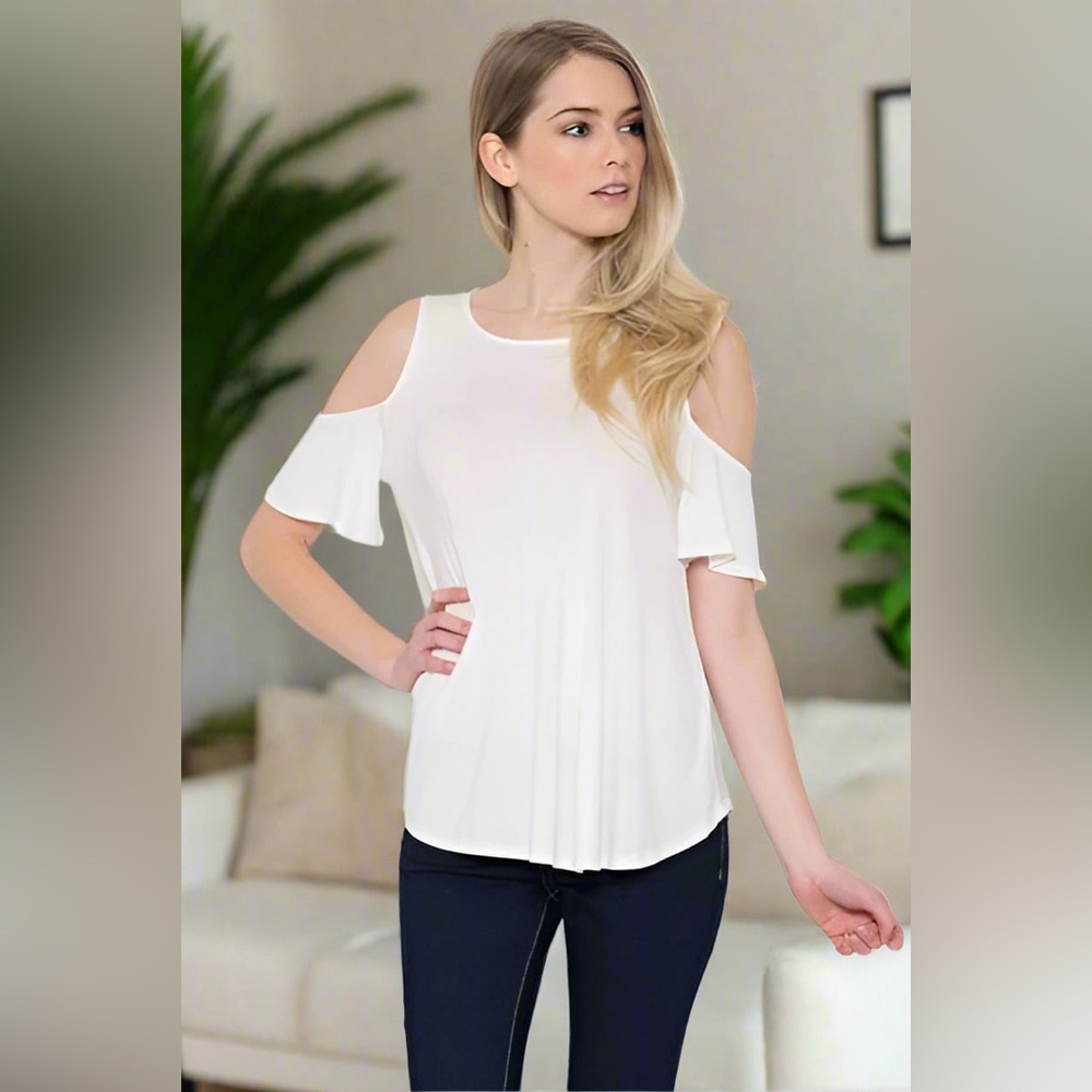 Small NEW Womens White Cold Shoulder Shirt, 3/4 Sleeve Summer Top